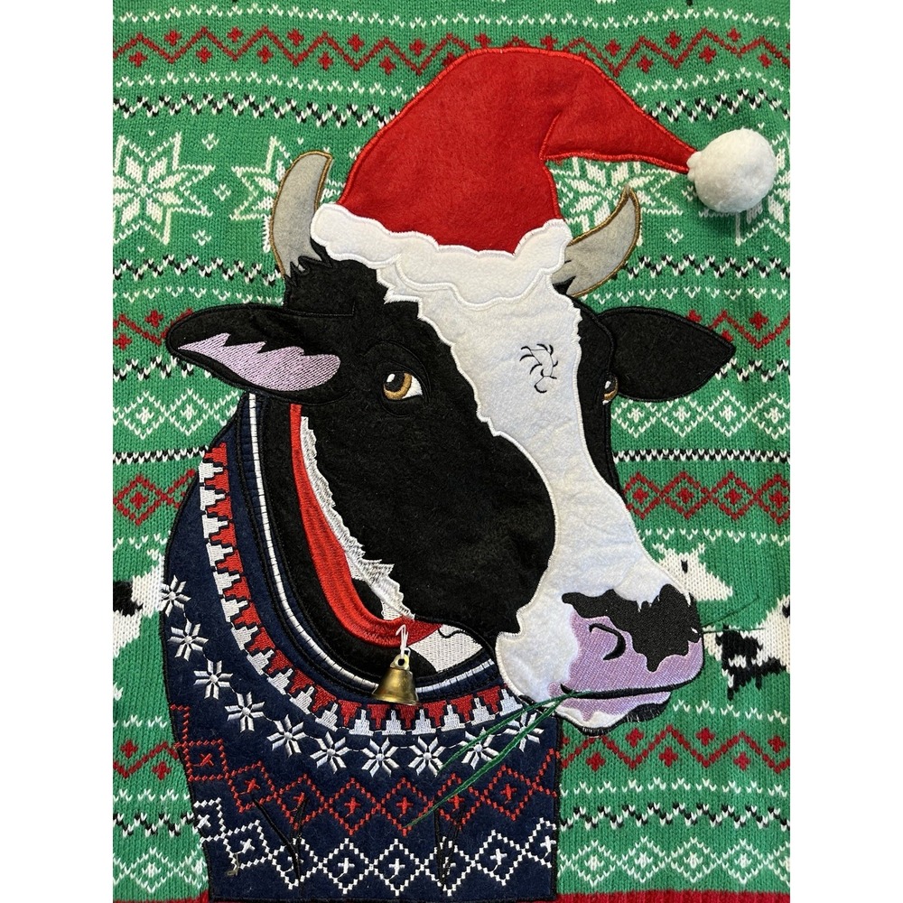 Blizzard Bay Ugly Christmas Sweater Men Large Green Cow Santa Hat Holiday Print
